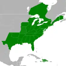 Symphyotrichum dumosum distribution map: Canada — New Brunswick and Ontario; Dominican Republic; Haiti; US — Alabama, Arkansas, Connecticut, Delaware, District of Columbia, Florida, Georgia, Illinois, Indiana, Iowa, Kentucky, Louisiana, Maine, Maryland, Massachusetts, Michigan, Mississippi, Missouri, New Hampshire, New Jersey, New York, North Carolina, Ohio, Oklahoma, Pennsylvania, Rhode Island, South Carolina, Tennessee, Texas, Virginia, West Virginia, and Wisconsin.