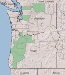 Symphyotrichum hallii distribution map: Oregon and Washington — Puget Sound region, Willamette Valley, outliers in Columbia Gorge and central Washington. County distribution: Oregon — Benton, Clackamas, Douglas, Hood River, Josephine, Lane, Linn, Marion, Multnomah, Polk, and Wasco; Washington — Clark, King, Okanogan, and Skagit.