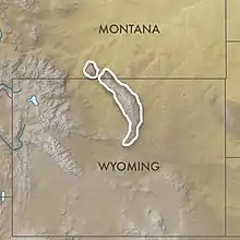 Symphyotrichum molle distribution map: Bighorn Mountains of Montana and Wyoming outlined in white.