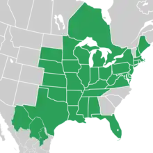 Symphyotrichum praealtum distribution map: Canada — Ontario; Mexico — Chihuahua, Coahuila, and Nuevo León; US — Alabama, Arkansas, Connecticut, Delaware, District of Columbia, Florida, Illinois, Indiana, Iowa, Kansas, Kentucky, Louisiana, Maine, Maryland, Massachusetts, Michigan, Minnesota, Mississippi, Missouri, Nebraska, New Hampshire, New Jersey, New York, Ohio, Oklahoma, Pennsylvania, Rhode Island, South Dakota, Tennessee, Texas, Virginia, West Virginia, and Wisconsin.