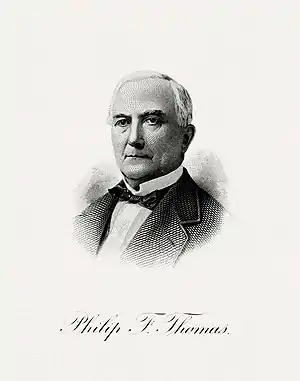 Image 11Philip Francis ThomasEngraving credit: Bureau of Engraving and Printing; restored by Andrew ShivaPhilip Francis Thomas (12 September 1810 – 2 October 1890) was an American lawyer and politician. He served in the Maryland House of Delegates and was the 28th governor of Maryland from 1848 to 1851. In 1860, he was appointed as the 23rd United States secretary of the treasury, in President James Buchanan's administration. He held the post for only one month, resigning after he failed to obtain a loan to pay the interest on the bonded public debt. After unsuccessfully standing for election to the United States Senate in 1878, he returned to the Maryland House of Delegates and later resumed the practice of law.More selected pictures