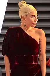 A picture of Lady Gaga in a burgundy one shoulder dress, looking to the right.