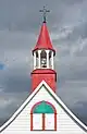 The spire of The Sainte-Croix-de-Tadoussac Mission Church