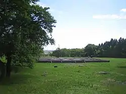 A low stone platform in a meadow.