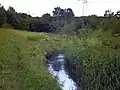 The Oldbury Arm of the Tame, close to where it enters Sheepwash Urban Park, via a culvert under the West Coast Main Line.