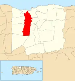 Location of Tanamá within the municipality of Arecibo shown in red