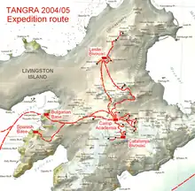 The central-eastern region of Livingston Island with Camp Academia and the expedition route of the Tangra 2004/05 Survey