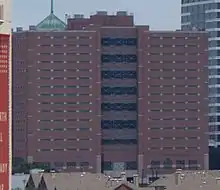 A red-brick building with few windows