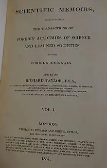 Title page to volume I of Taylor's Scientific Memoirs (1841)