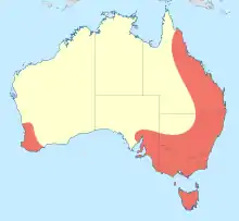 Map showing distribution of Telephlebiidae in eastern and south-western Australia