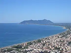 Aerial view of Terracina with the Circeo promontory in the background