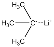 Skeletal formula of tert-butyllithium with all implicit hydrogens shown, and partial charges added