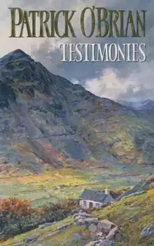  Book cover with the title "Testimonies". Painting showing a remote small white cottage in a mountainous Welsh landscape