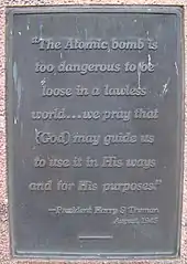 The text of a monument in West Wendover, Nevada is a quote from President Harry Truman about the use of atomic weapons.