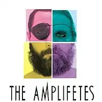 A composite of a man's face in four pieces: one pink quarter with an eye patch, one green quarter with a man's eye and pulled-back hair, one yellow quarter with a beard, and one purple quarter with a beard. Below in black type: The Amplifetes.