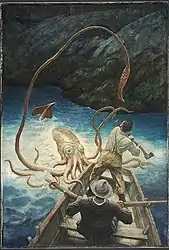 #29 (26/10/1873)The Adventure of the Giant Squid, painted by N. C. Wyeth c. 1939 to illustrate Norman Duncan's The Adventures of Billy Topsail (1906) as republished in Anthology of Children's Literature (1940). The story includes a fictionalised encounter with a giant squid based on the widely reported first Portugal Cove specimen.