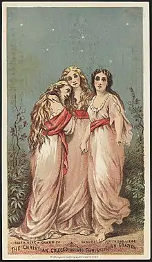  drawing of three young women representing faith, hope and charity