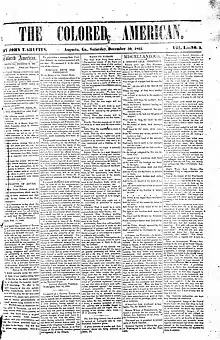 Front page of the December 30, 1865 edition of The Colored American from Augusta, Georgia.