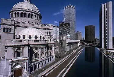 Mother Church Extension, original Mother Church, reflecting pool, and (far right) the Administration Building (1972)