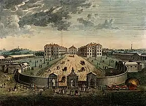 A bird's-eye view of the Foundling Hospital courtyard. Coloured engraving after L. P. Boitard, 1753.