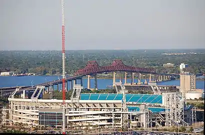 The Mathews Bridge crossing the St. Johns River, with TIAA Bank Field in the foreground