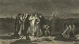 Night scene depicting Washington at center, standing among officers and Indians, around a lamp, holding a war council