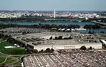 A view of the Pentagon from the southwest with the Potomac River and Washington Monument in background in 1988