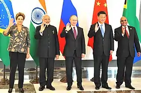 Image 61BRICS, a supranational economic cooperative comprising five major emerging national economies—Brazil, Russia, India, China and South Africa—grew to represent over 3.1 billion people, or about 41 percent of the world population by 2015. (from 2010s)