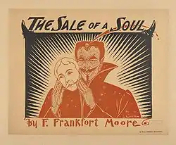 An image of a man with a wrinkled, smiling face taking off a mask of a plain face. The accompanying text reads "The Sale of a Soul by F. Frankfort Moore".