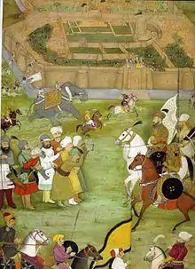 A Mughal miniature from the Padshahnama depicting the surrender of the Safavid Persian garrison of Kandahar in 1638 to the Mughal army of Shah Jahan commanded by Kilij Khan. Notice the white flag with the rising Sun. Perhaps a flag signalling peace. As Safavid forces give the city without bloodshed.