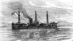 A sketch of a ship with two large gun turrets, tall fore and sterncastles, underway off a shoreline.