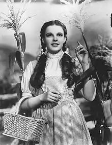 A black and white still of Judy Garland from The Wizard of Oz