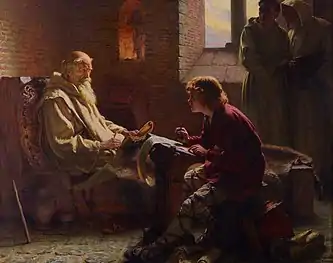 Bede translating the Gospel of John on his deathbed, by James Doyle Penrose, 1902. Depicts the Venerable Bede as an elderly man with a long, white beard, sitting in a darkened room and dictating his translation of the Bible, as a younger scribe, sitting across from him, writes down his words. Two monks, standing together in the corner of the room, look on.