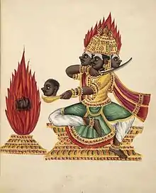 "The rakshasa king Ravana sits in lalitasana on a throne facing a fire altar in which he offers his severed head", British Museum, Company style, Tiruchirapalli, Tamil Nadu, c. 1830