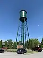 The water tower at Dortch Stove Works, painted green