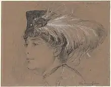 Pencil sketch of a young woman wearing a black hat with a white feather