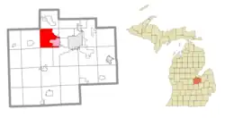 Location within Saginaw County (red) and an administered portion of the Shields community (pink)