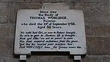 Wall monument to Thomas Worlidge in St Paul's Church, Hammersmith, London UK