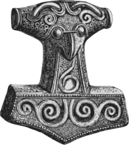 Drawing of a silver-gilted Thor's hammer found in Scania, Sweden