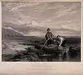 Three young boys are fishing in rock pools with a large net after W. Collins