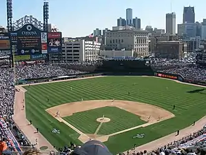 View of a baseball stadium, taken from the upper deck and looking out over the field from center deck