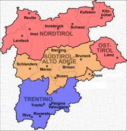 The region consists of present-day Tyrol–South Tyrol–Trentino Euroregion, including Cortina d'Ampezzo, Fodóm (Buchenstein), Col (Verseil), Valvestino, Magasa and Pedemonte