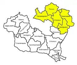 Map of Tiruvuru revenue division in NTR district highlighted in yellow