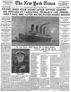 The episode references the front page of The New York Times on April 15, 1912, reporting the sinking of the RMS Titanic.