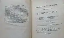 Open book, showing title page and advertisement from Priestley's Familiar Introduction to Electricity