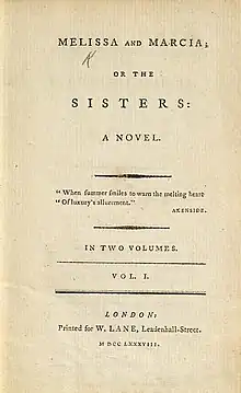 Title page Elizabeth Hervey Melissa and Marcia 1788