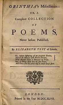 Title page Elizabeth Teft Orinthias Miscellanies 1747