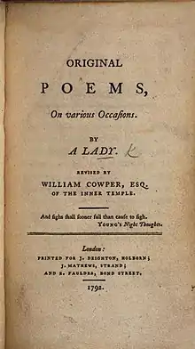 Title page of Frances Maria Cowper Original Poems 2nd ed 1807.