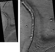 The Tiu Valles, as seen by HiRISE. Ridges were probably formed by running water (scale bar is 1.0 km)