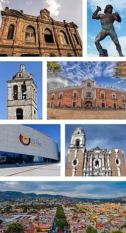 Clockwise: Xicotencatl Theatre, Statue of Tlahuicole, City Hall and state government seat, a bell tower in Our Lady of the Assumption Cathedral, University Cultural Center of UATX, San José Parish, cityscape overview